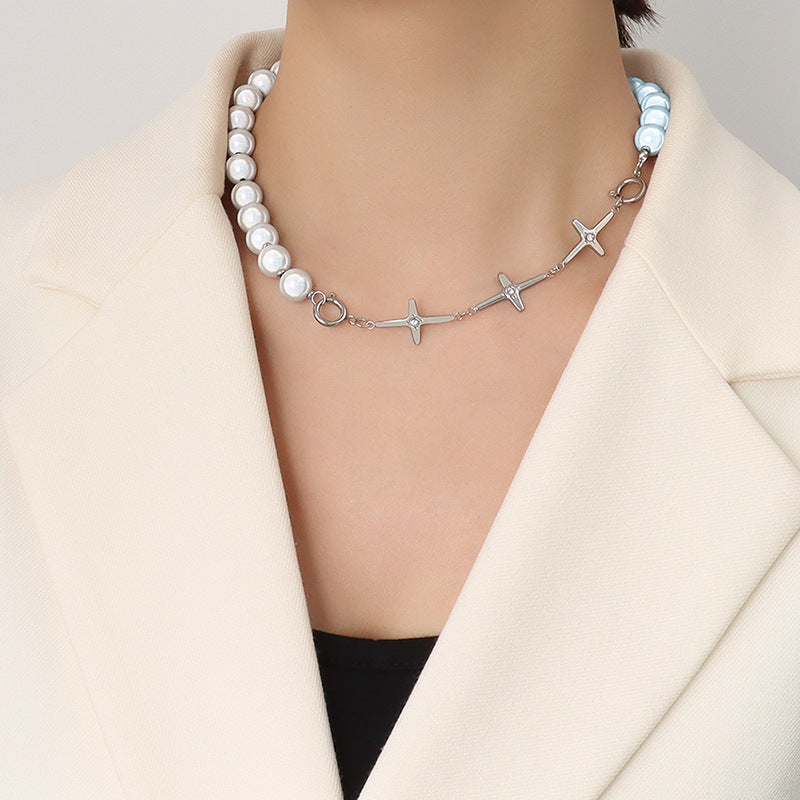 Vintage High Sense Reflective Pearl Cross Necklace