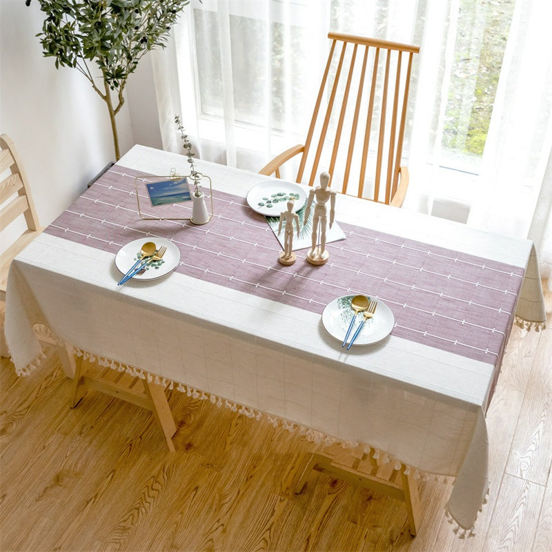 Nappe chinoise en coton et lin à rayures et pompons, pour la maison
