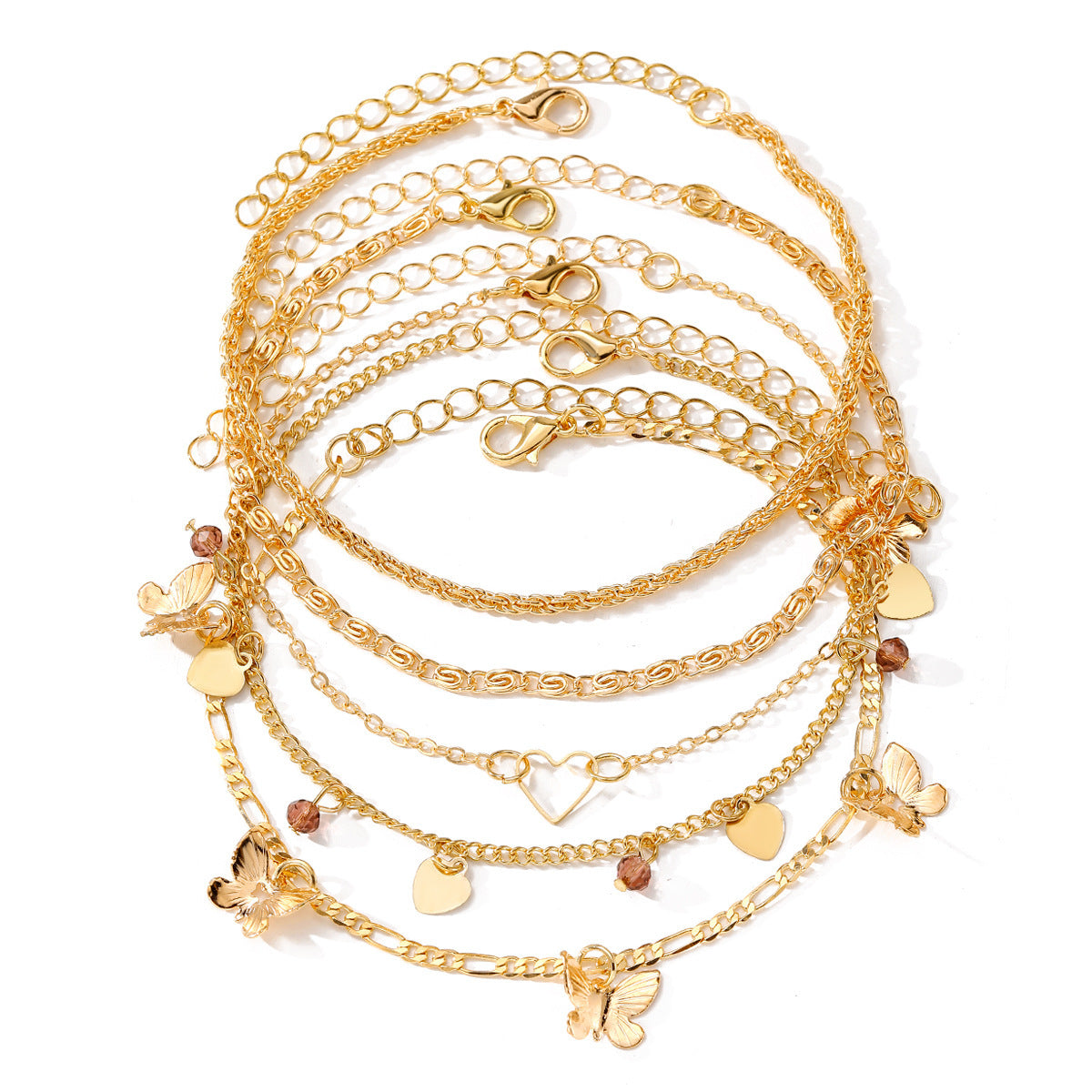 Set de cinq bracelets de cheville style plage et papillon