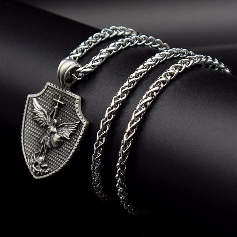 Vintage Titanium Men's Pendant Necklace Stainless Steel Shield