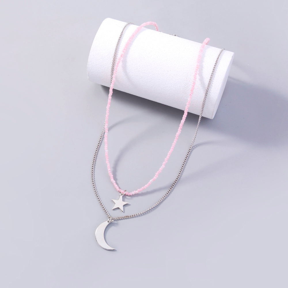 Stylish multi-layer necklace with Rice beads, Copper Stars and moon