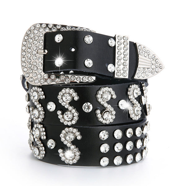 Ceinture en cuir véritable à strass simple pour femmes
