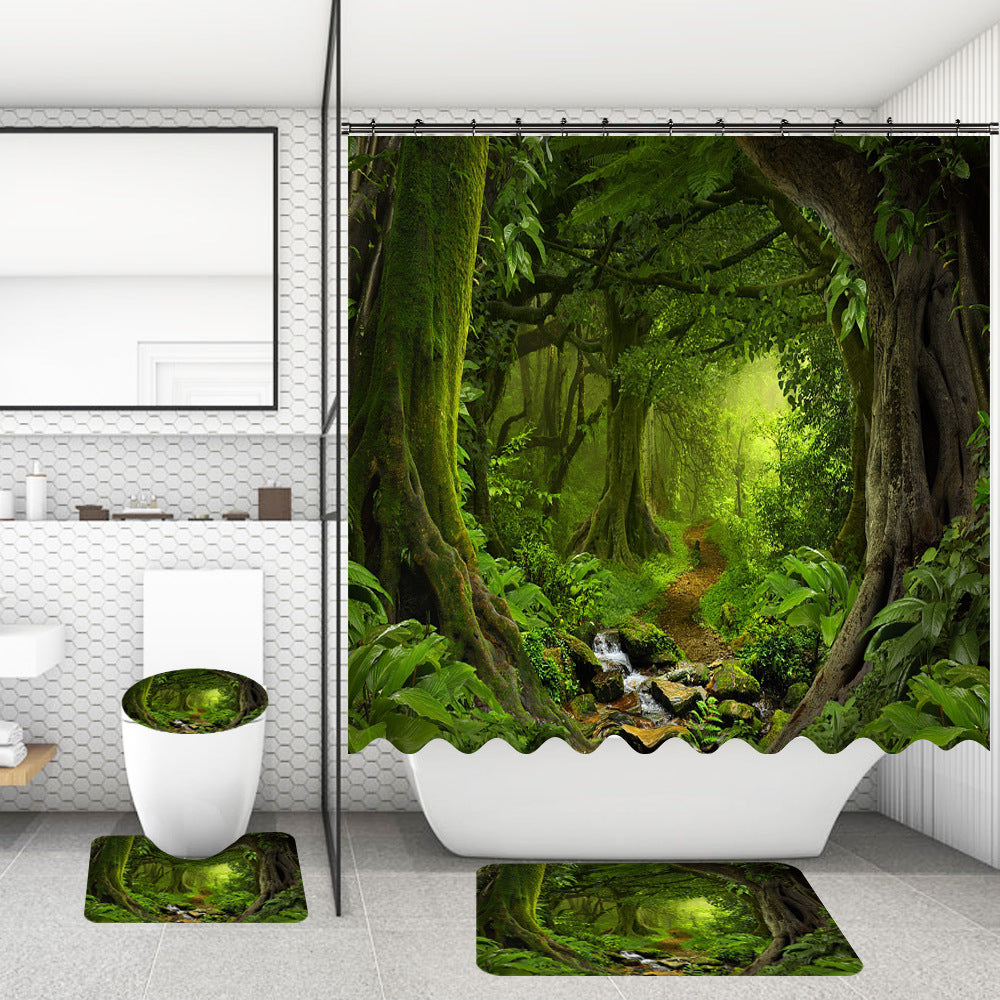 Bathroom Shower Curtain Floor Mat Suit Ocean World Printing