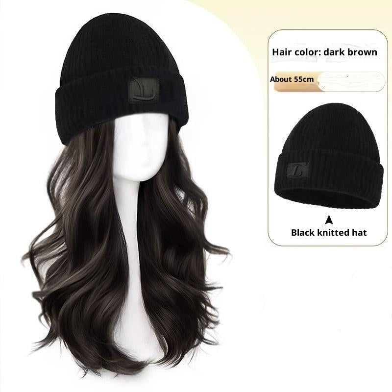 Hat Women's Big Head Small Integrated Fashion Big Wave Full-head Wig