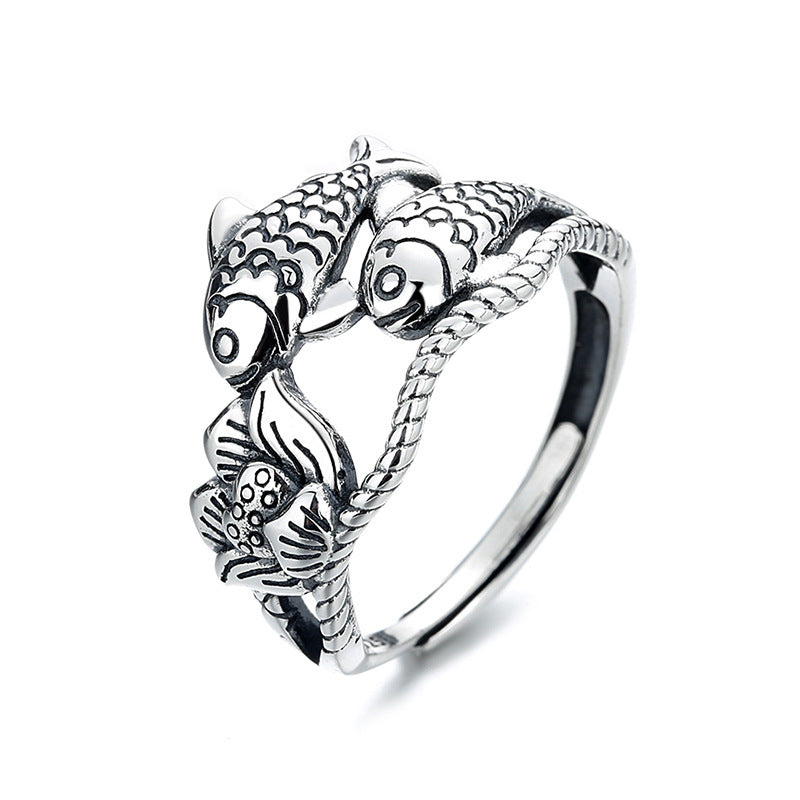 Ethnic Style Lucky Koi Lotus Hollow Personality  Ring Female