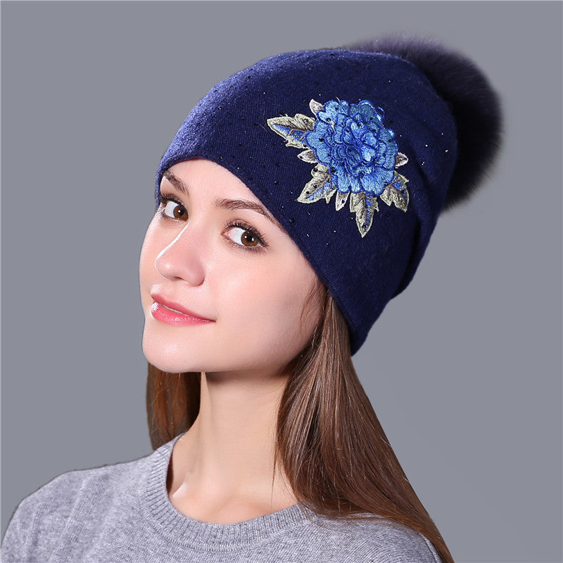 15cm Big Fox Fur Ball Flower Embroidery Knitted Hat