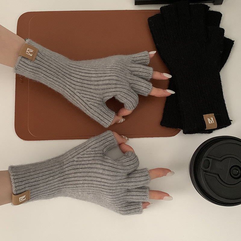 Knitted Wool Half Finger Gloves Solid Color