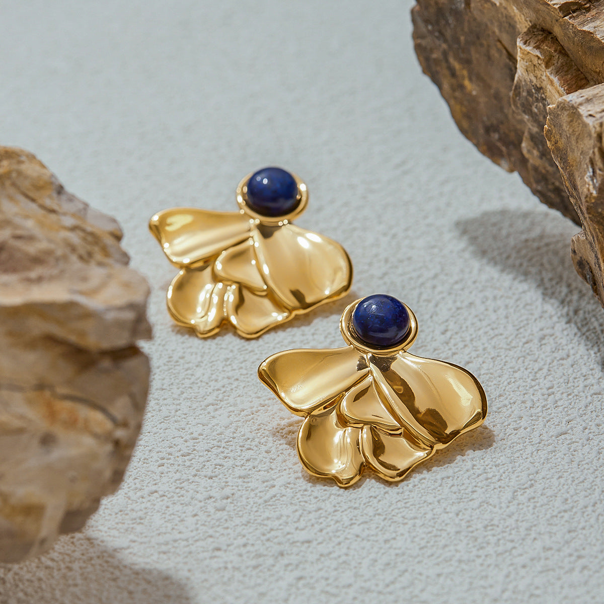 Stainless Steel Lapis Lazuli Irregular Fan-Shaped Earrings