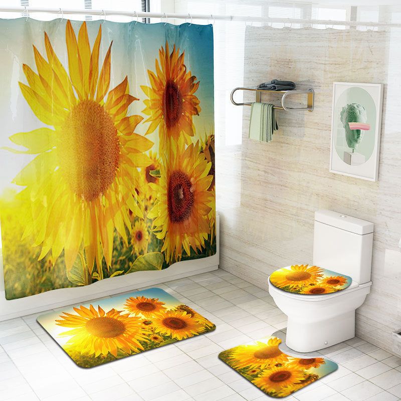 Sunflower Printed Shower Curtain Floor Mat Four-Piece Set