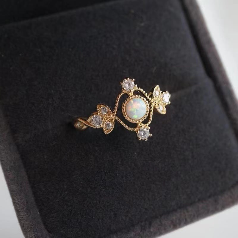 Inlaid Natural Opal Stone Ring Female Copper Plating Gold Ring
