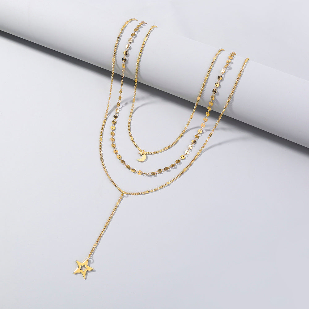 Copper Star, Moon, y-shaped multi-layer necklace