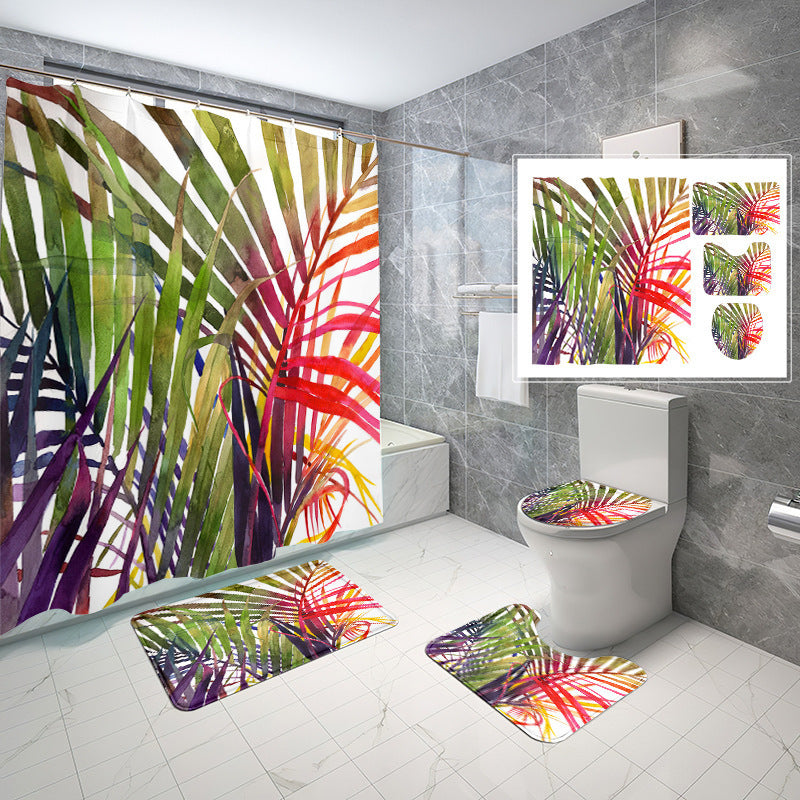 Natural Wind Leaves Printing Toilet Waterproof Shower Curtain Non-slip Floor Mat