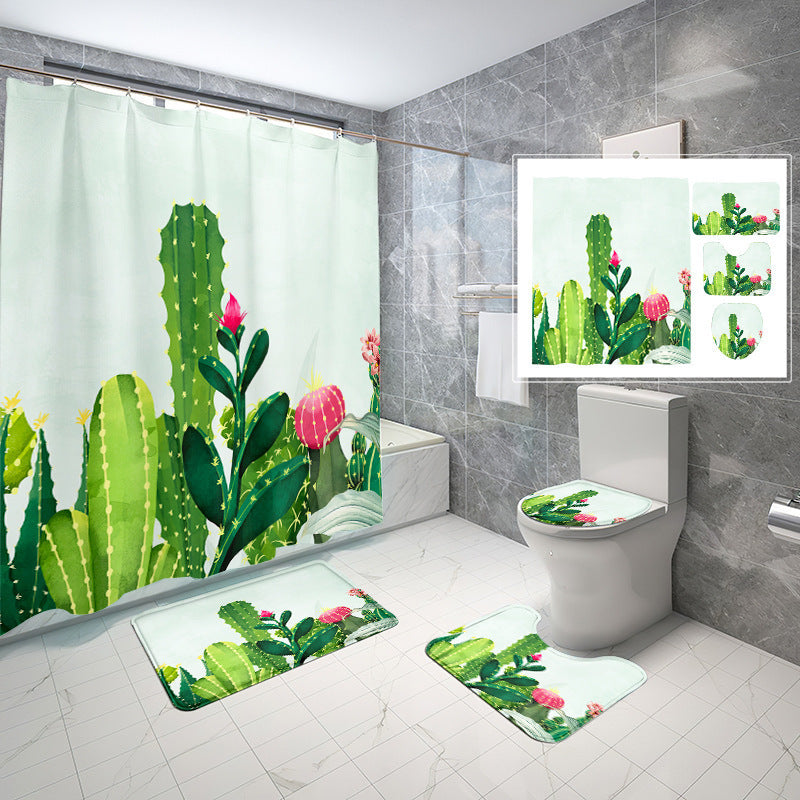 Natural Wind Leaves Printing Toilet Waterproof Shower Curtain Non-slip Floor Mat