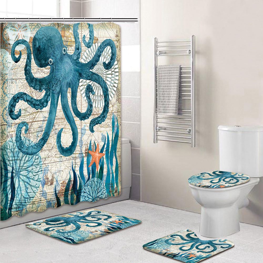 Bathroom Shower Curtain Floor Mat Suit Ocean World Printing