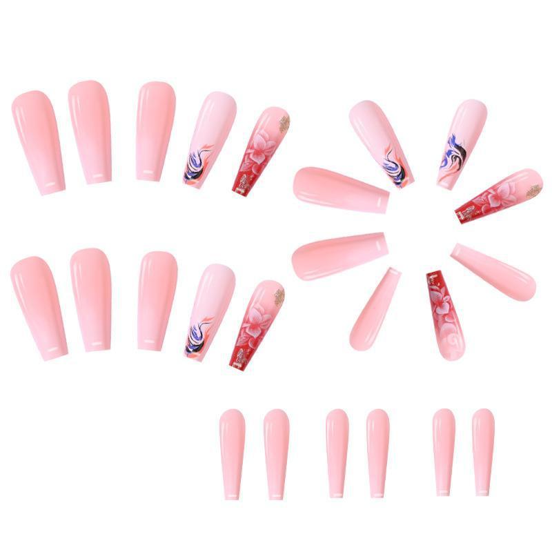 Ultra-long Light White Glitter Camellia Trapezoidal Coffin Nail