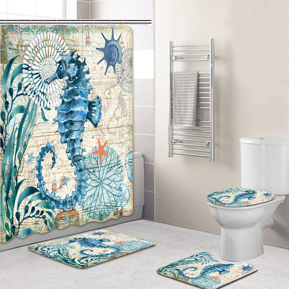 Bathroom Shower Curtain Floor Mat Suit Ocean World Printing