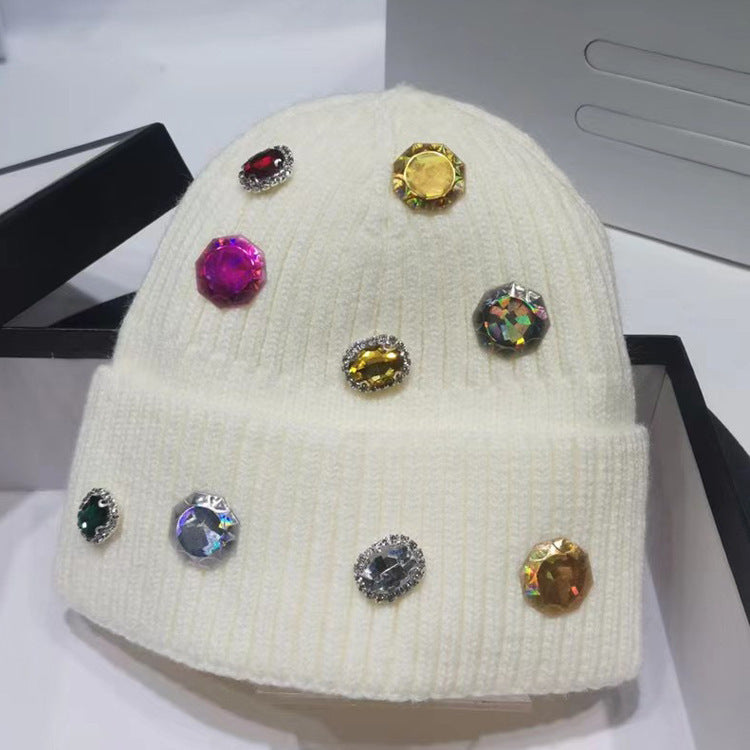 Hand-drilled Gem Rhinestone Hat Women's All-match Knitting