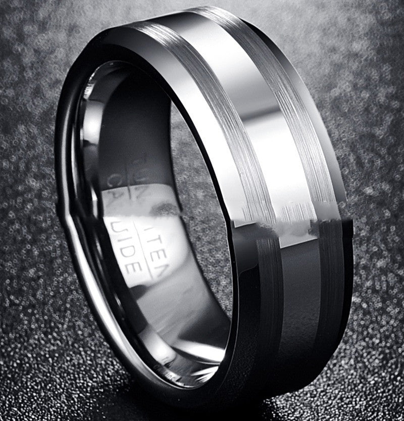 8MM Wide Double Lasa Stripe White K Tungsten Steel Ring