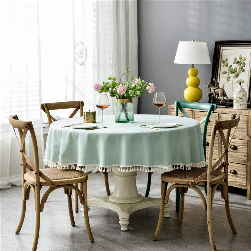 Waterproof Solid Color Faux Cotton Linen Lace Round Dining Tablecloth