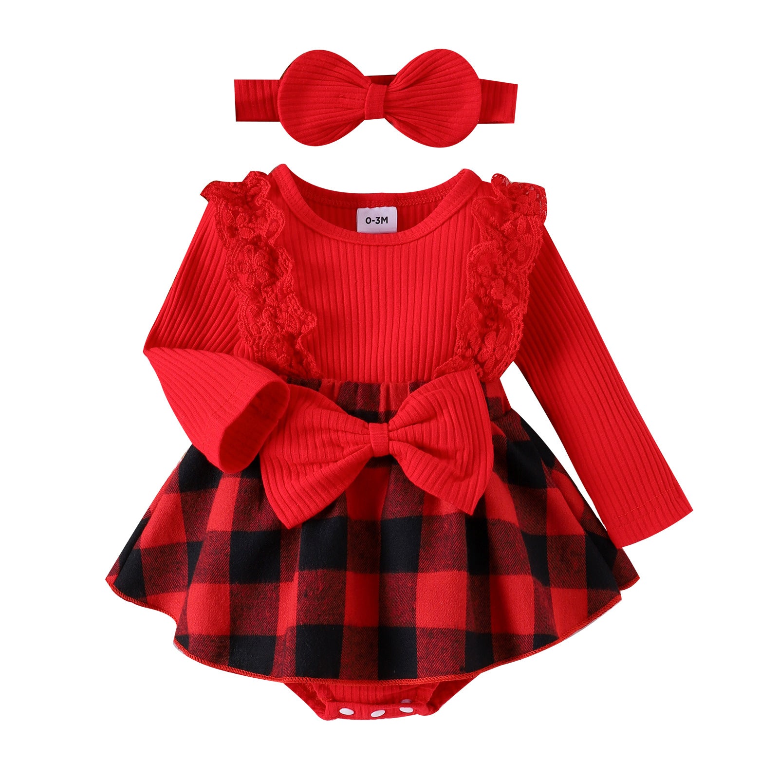 Children's Girl Baby Christmas Pit Stripe Spliced Lace Plaid Triangle Wrap Fart Set