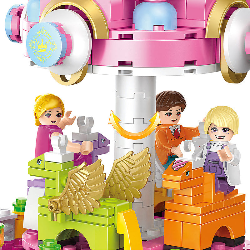 Play House Girl Building Blocks Princess Castle Villa Garden Carousel Beach