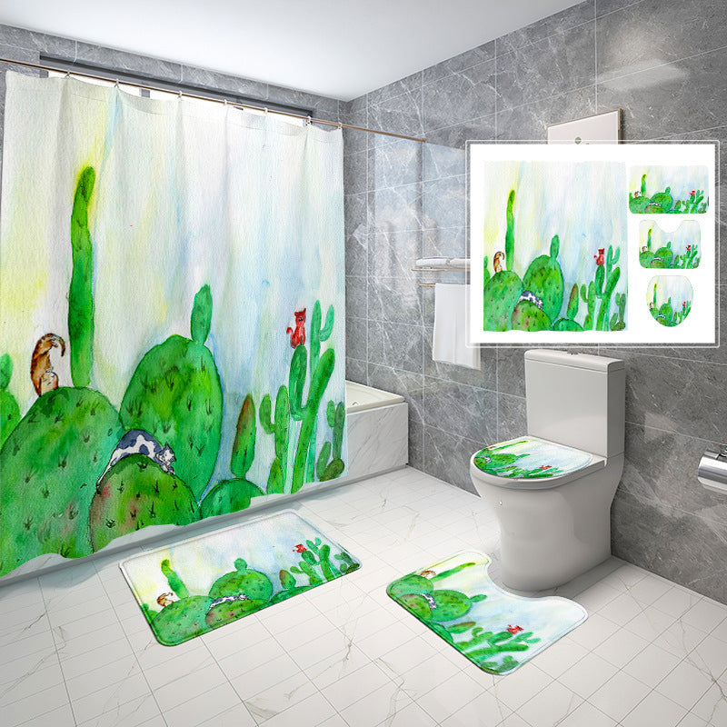 Natural Wind Leaves Printing Toilet Waterproof Shower Curtain Non-slip Floor Mat