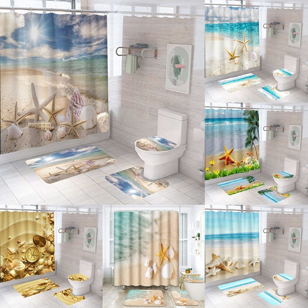 Beach Shell Printed Shower Curtain Carpet Bathroom Mat Four Piece Set