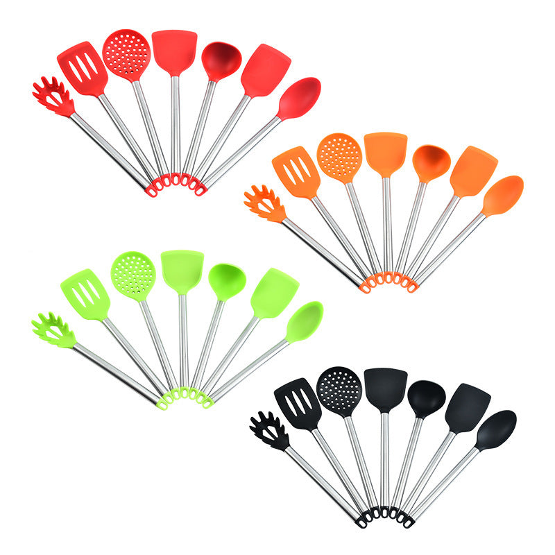Ensemble d'ustensiles de cuisine 7 pièces en silicone et acier inoxydable, spatule et cuillère en silicone