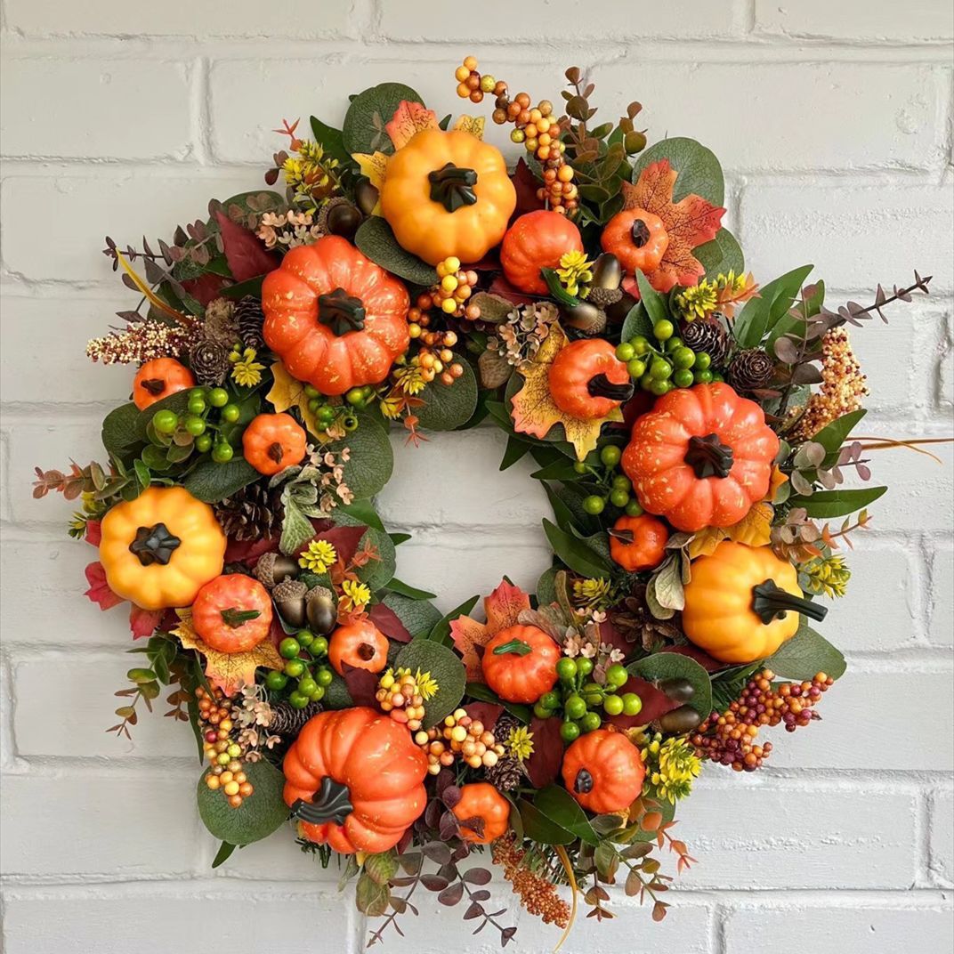 Golden Pumpkin Harvest Festival Artificial Wreath Front Door Decorations