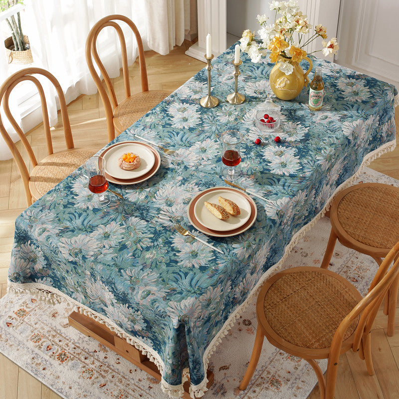 Terylene Jacquard Oil Painting Blue Tassel Rectangular End Table Tablecloth