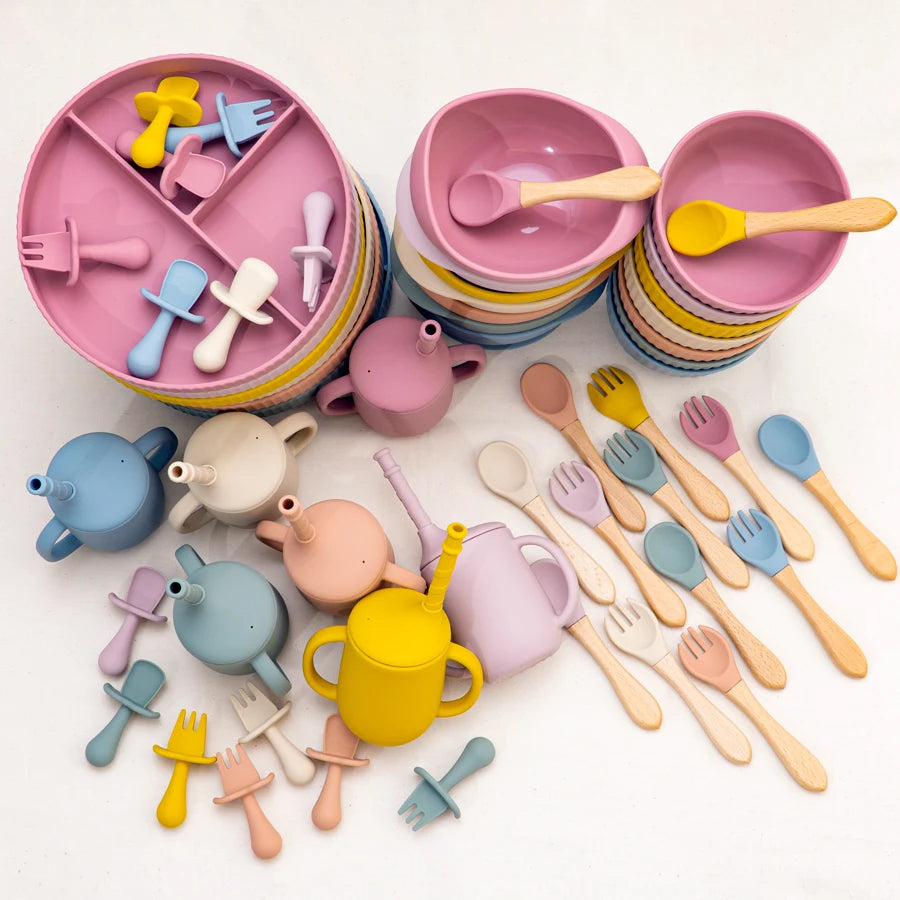 Baby Silicone Cookware Feeding Plate Bowl Set Non-Slip Suction Food Dishes Drinking Cup BPA Free Fork Spoon Children's Tableware