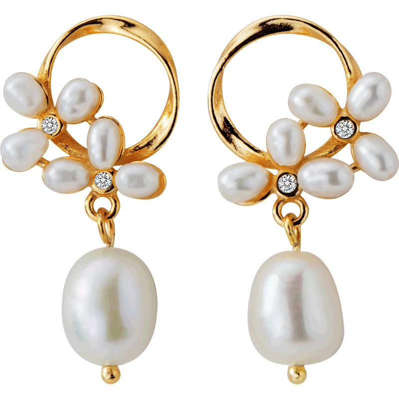 S925 Silver Flower Rice Grain Pearl Earrings Women