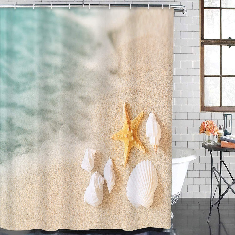 Beach Shell Printed Shower Curtain Carpet Bathroom Mat Four Piece Set