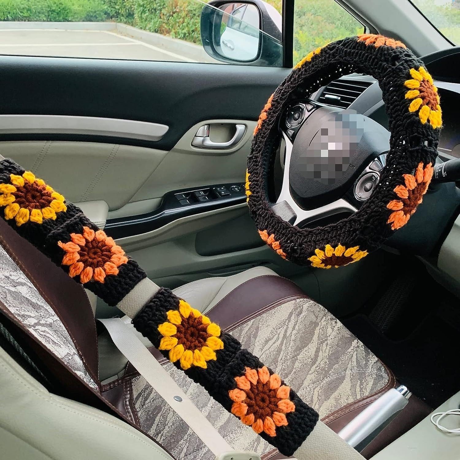 Car Interior Hand-crocheted Flower Steering Wheel Warm Non-slip Cover