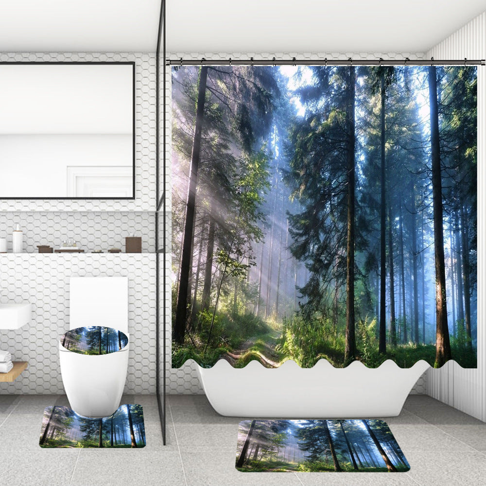 Bathroom Shower Curtain Floor Mat Suit Ocean World Printing