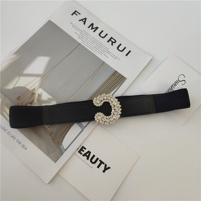Semi Oval Diamond Inlaid Buckle Thin Waistband Female
