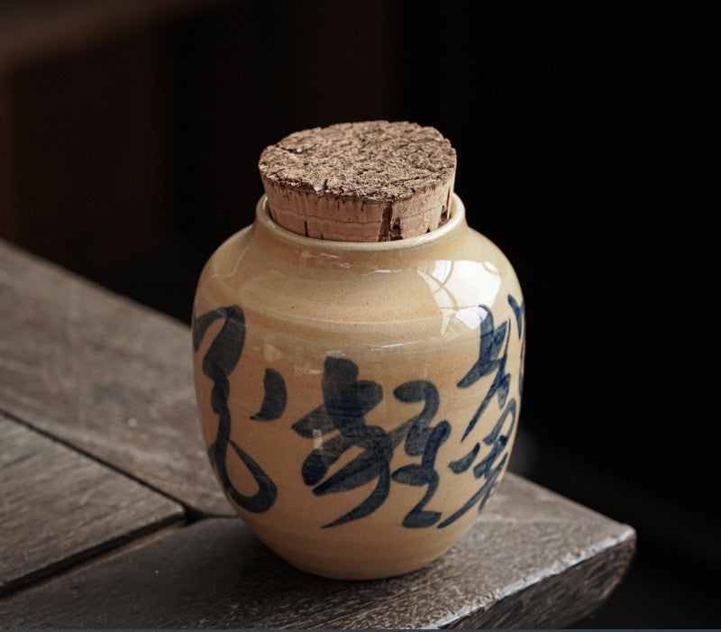 Bocal de rangement pour thé avec calligraphie manuscrite et couvercle en bois naturel fait main