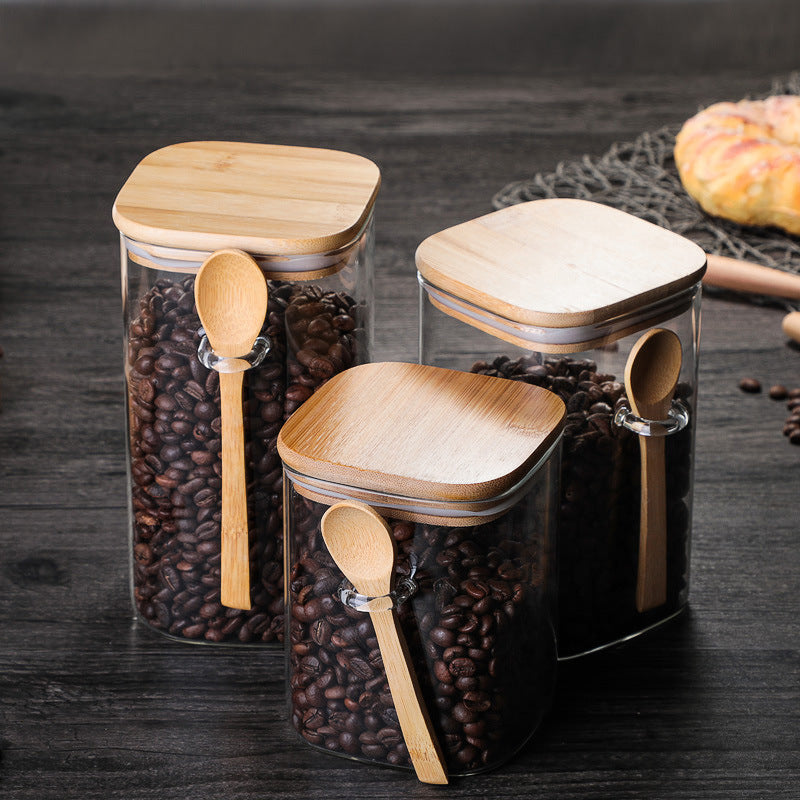 Square Glass Sealed Storage Jar With Wooden Spoon Seasoning