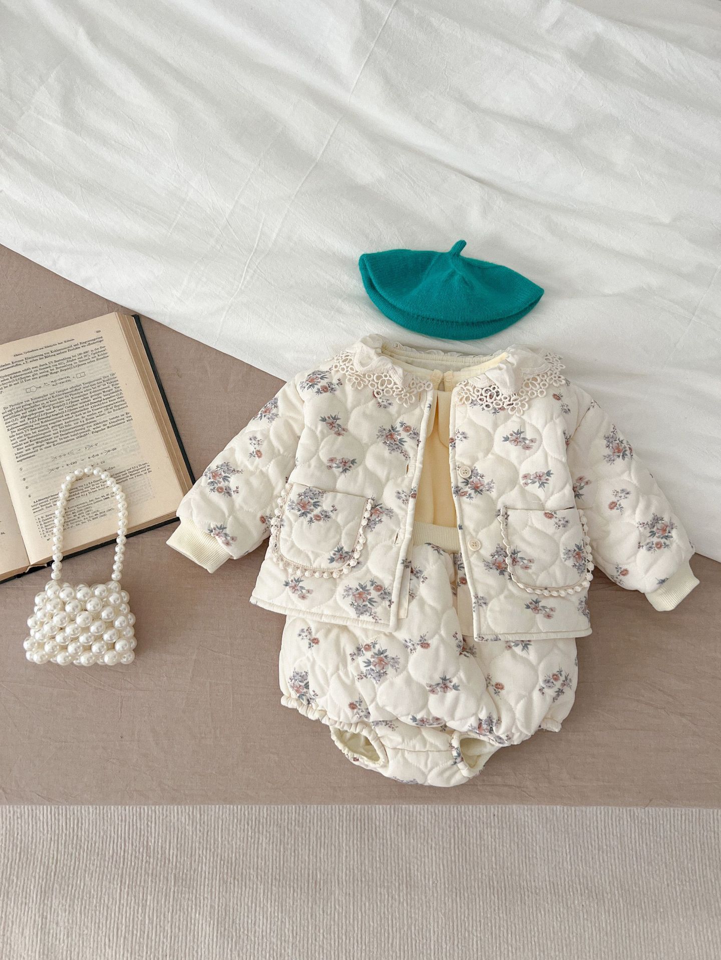 Winter Korean Style Baby Girl Floral Suit Lace Pocket Strap Romper Outwear Warm Two-piece Suit