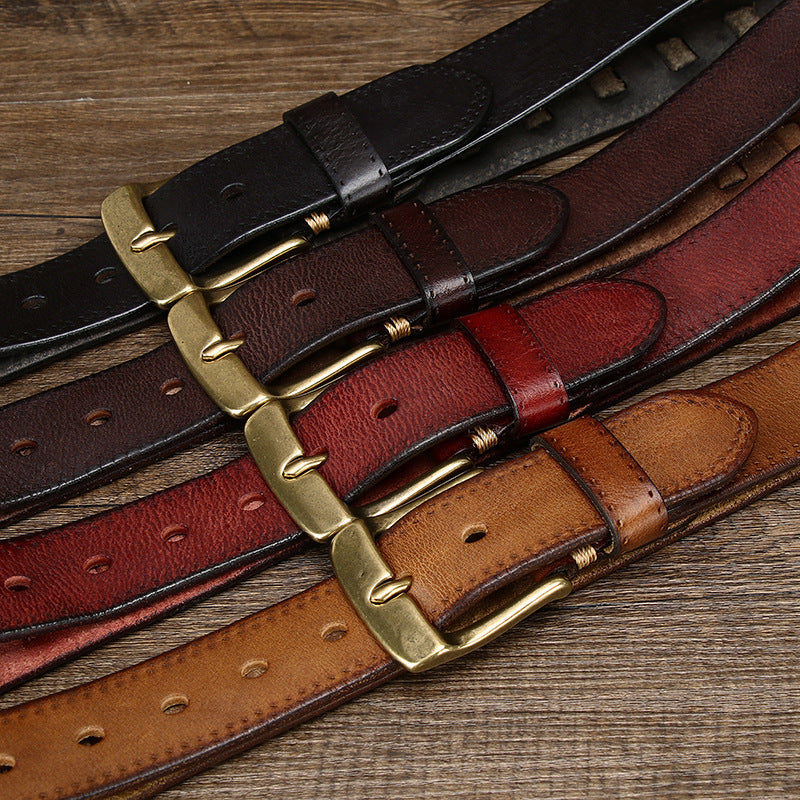 Retro Mens Belt In Genuine Leather With Brass Buckle
