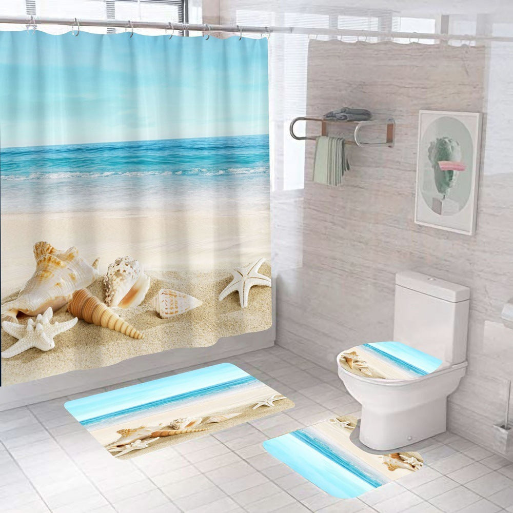 Beach Shell Printed Shower Curtain Carpet Bathroom Mat Four Piece Set