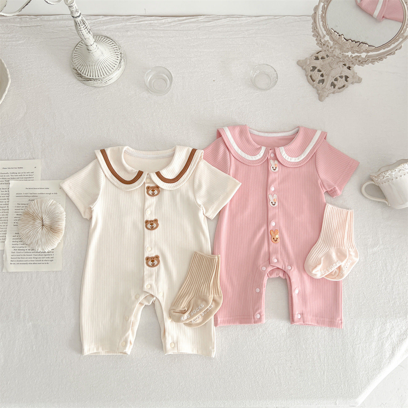 Baby Bear Rabbit Ear Jumpsuit Summer Sunken Stripe Cotton Going Out Clothes