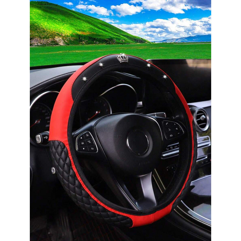 Diamond-Encrusted Little Crown Leather Car Steering Wheel Cover Without Inner Ring