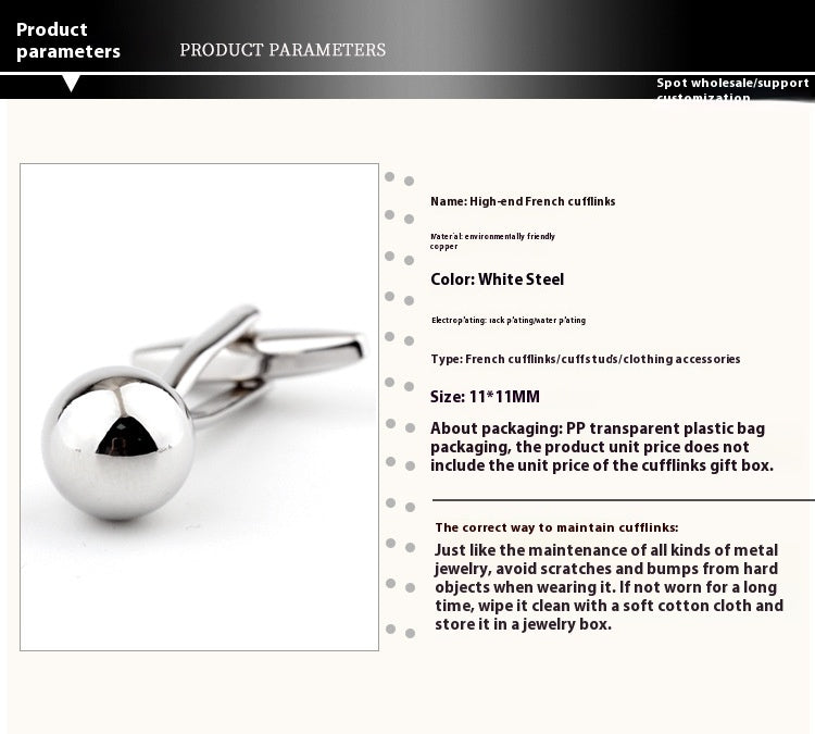 Boutons de manchette en métal en forme de boule en acier argenté pour chemise française pour homme
