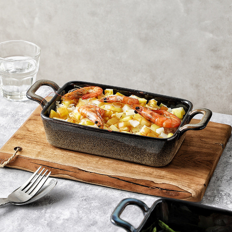Bandeja de cerámica rectangular para horno microondas, recipiente para hornear binaural
