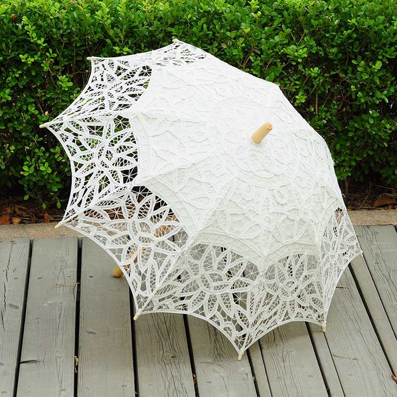 Classical Princess Dance Embroidered Crocheted Sun Umbrella Wooden Handle Straight Rod Hoisting