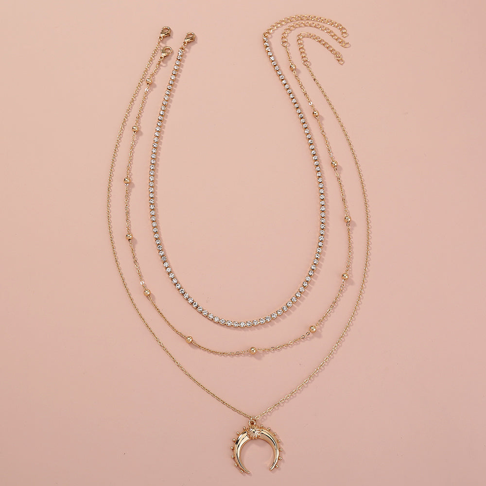 Multi-layer Retro Moon Horn pendant with exaggerated style and diamond necklace