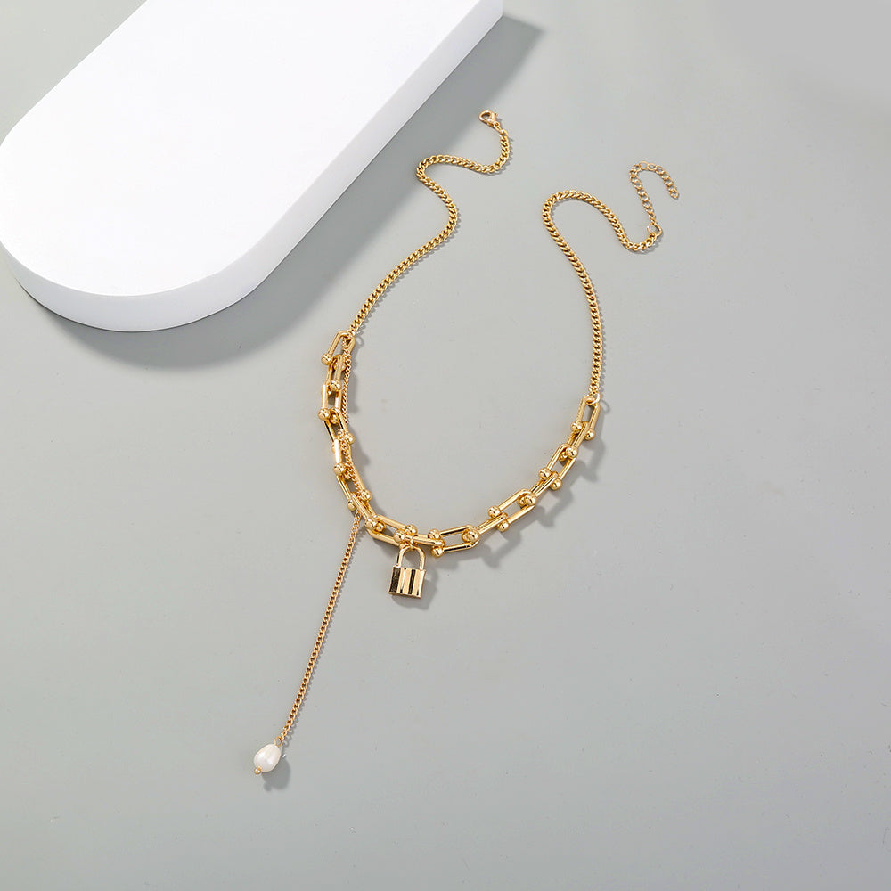European and American cross-border fashion jewelry U-shaped chain lock-shaped single-layer necklace simple natural freshwater pearl long pendant necklace