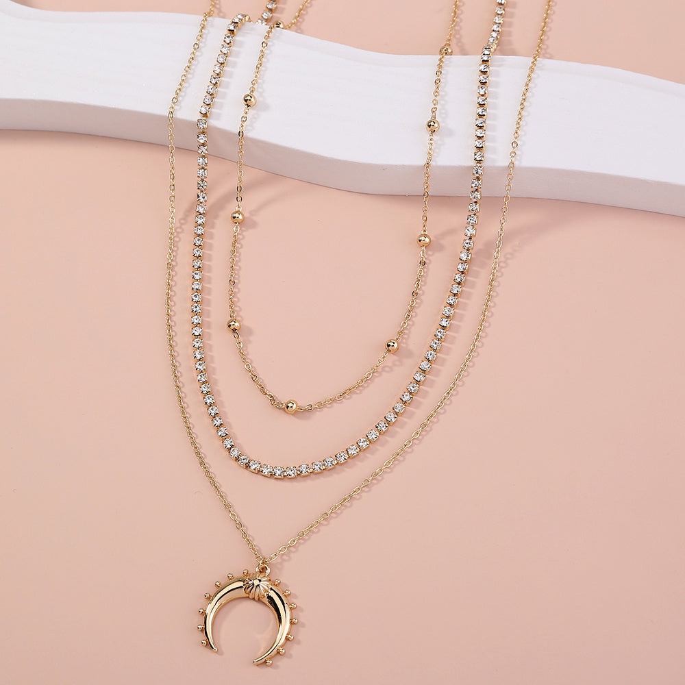 Multi-layer Retro Moon Horn pendant with exaggerated style and diamond necklace