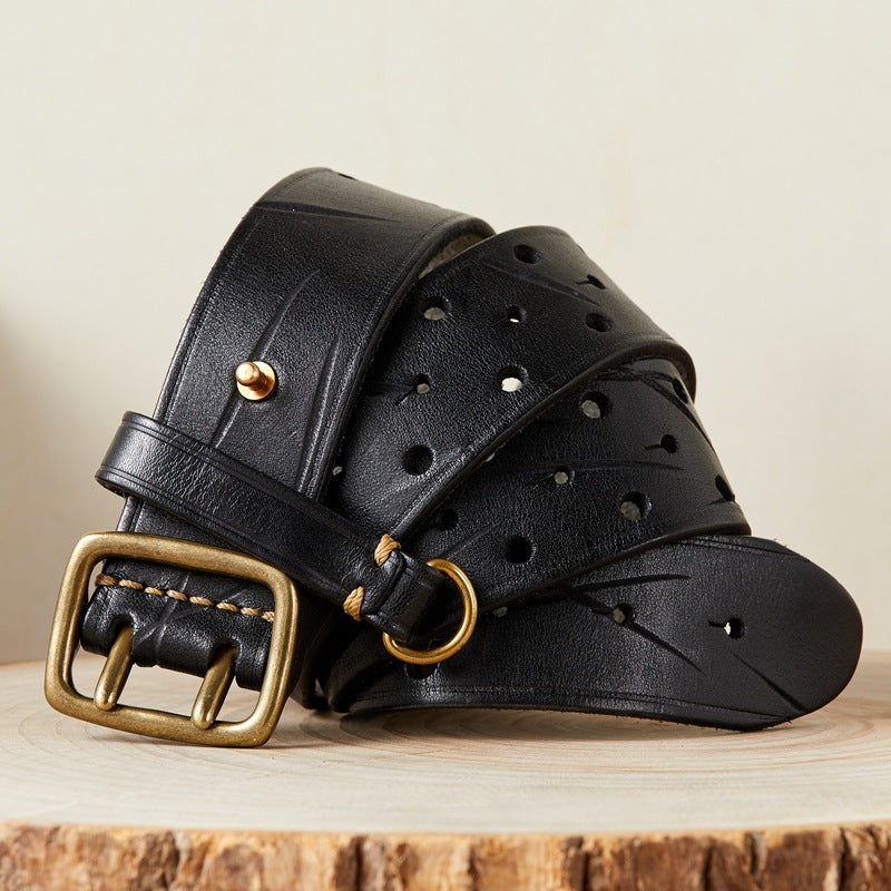Double Needle Copper Buckle Men's Belt Retro Head Layer Pure Cowhide